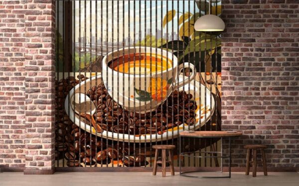 sciana z lamelami kawa i ziarna w kawiarni