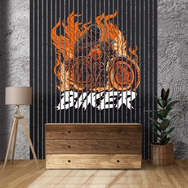 sciana z lamelami motocyklista w plomieniach