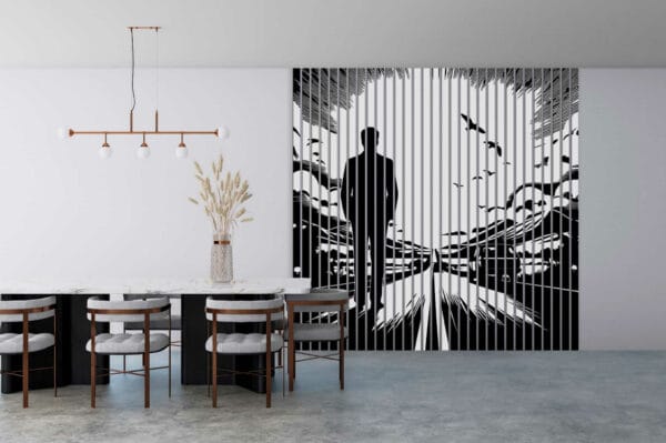 sciana z lamelami postac w abstrakcyjnej scenerii