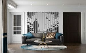 panel lamelowy postac w abstrakcyjnej scenerii