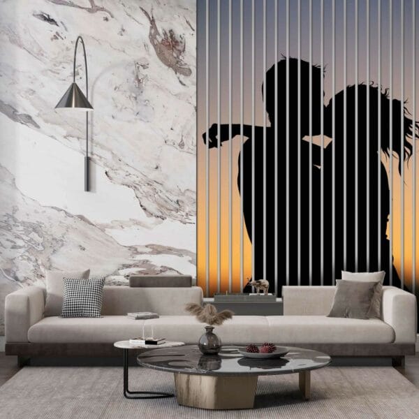 lamele w salonie siluet pary na tle zachodu slonca