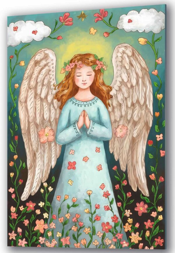 szklany obraz aniol modlacy sie wsrod kwiatow