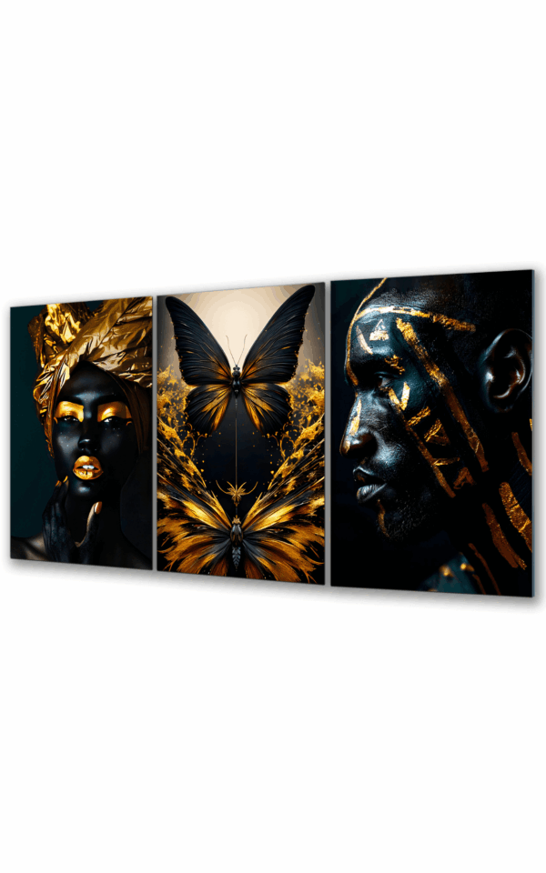 obraz szklany afryka z kobieta mezczyzna i motylem Tryptyk