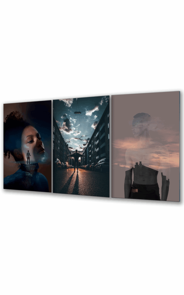 obraz szklany kobieta mezczyzna miasto Tryptyk