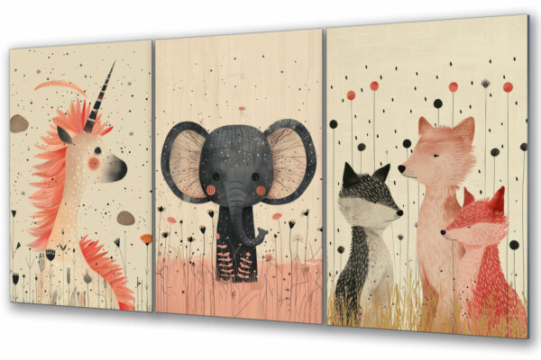 tryptyk szklany dziecięcy zwierzęta boho