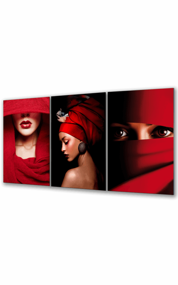 obraz szklany tryptyk kobieta twarz czerwona tkanina