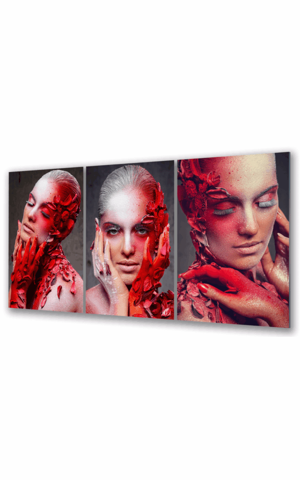 obraz szklany tryptyk kobieta czerwona kwiaty
