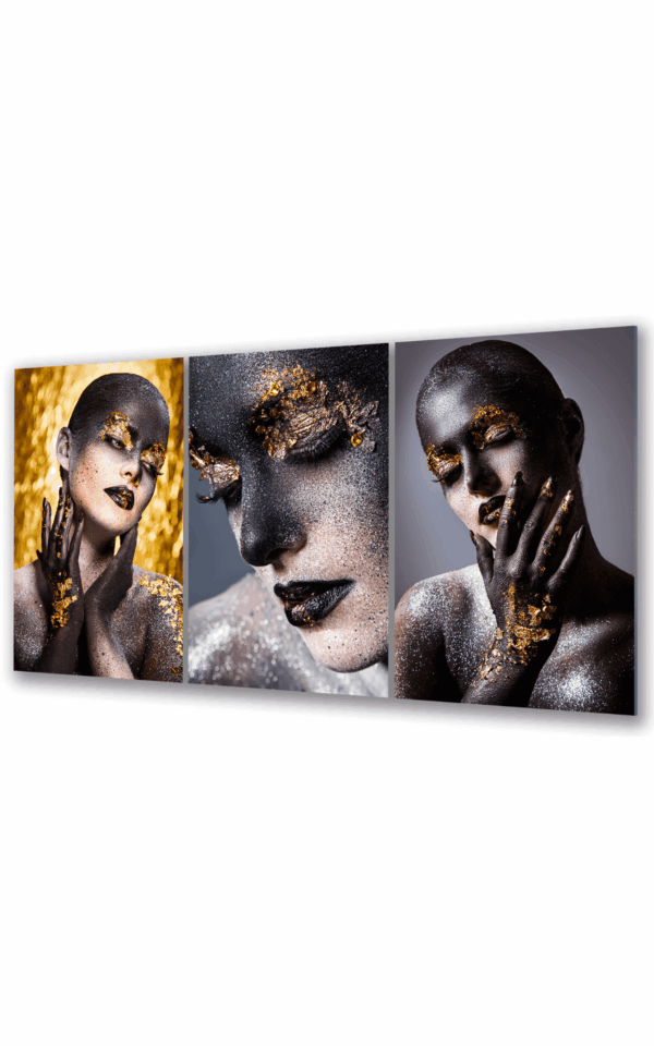 obraz szklany tryptyk kobieta czarno zloty blask