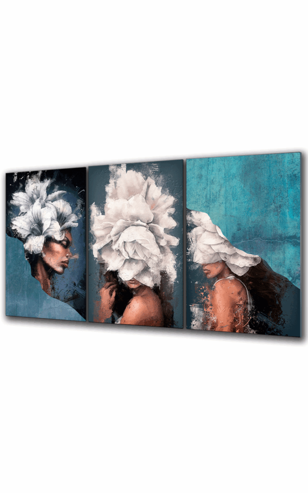 szklany obraz tryptyk kobieta biała kwiat
