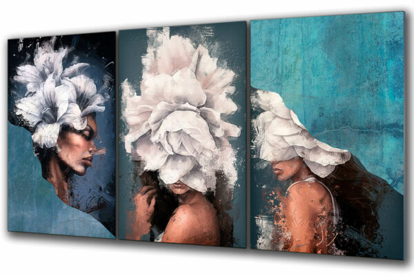 szklany obraz tryptyk kobieta z białym kwiatem