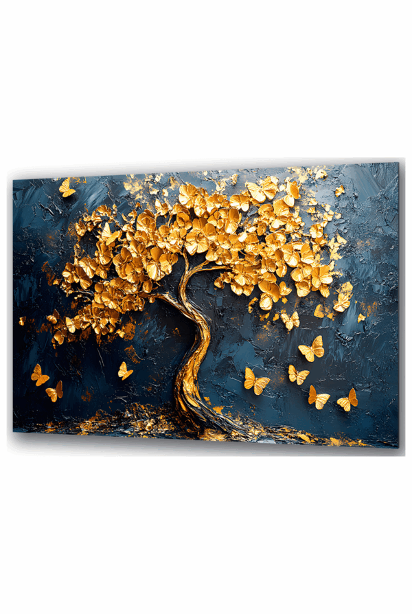 szklany obraz zlote drzewo pieniedzy z motylami