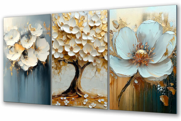 szklany obraz białe kwiaty tryptyk