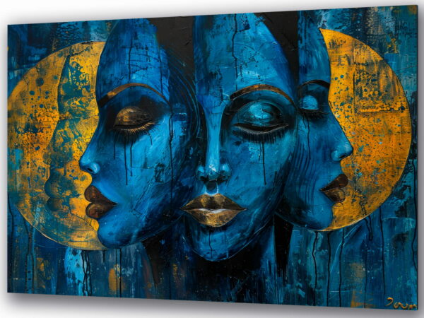 trzy twarze kobiety na niebieskim tle szkłany obraz