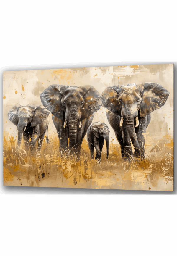 słonie idące przez pole z małym słoniem szkłany obraz