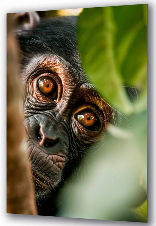 małpa wyłaniająca się z za liści drzewa szkłane obrazy