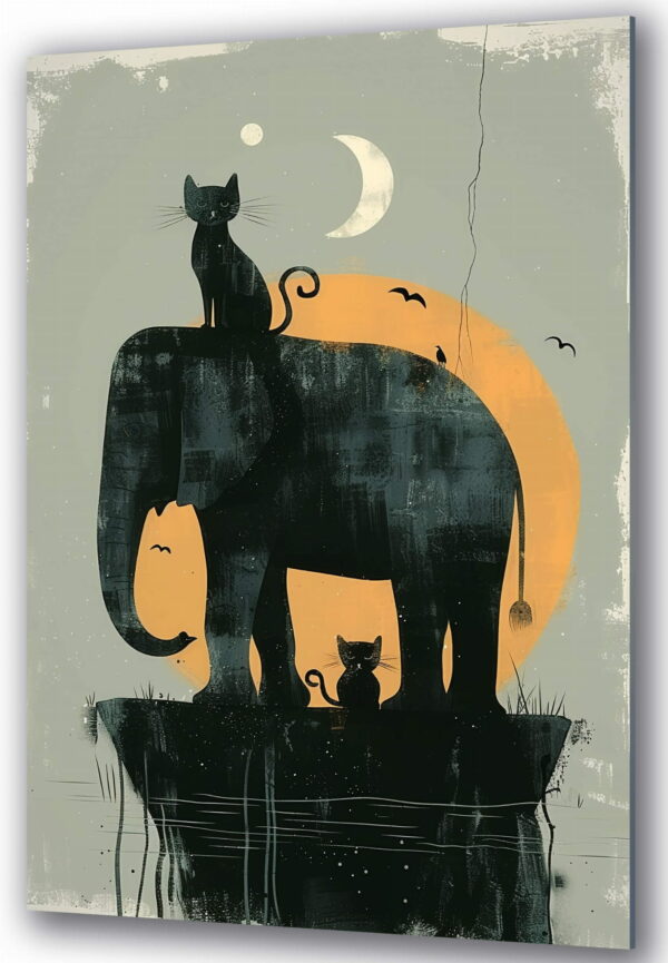 obraz na szkle słoń i koty