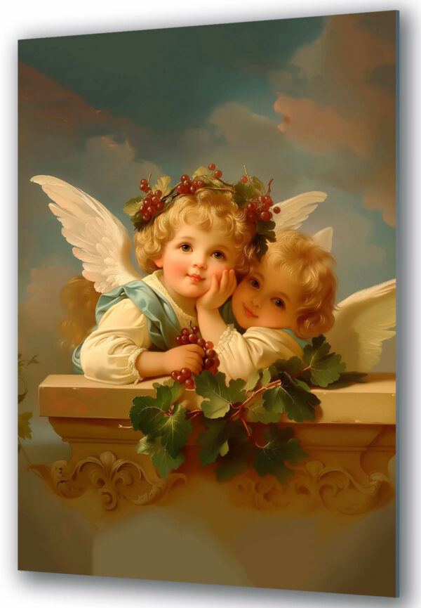 aniolki w chmurach z winogronami obraz szklany
