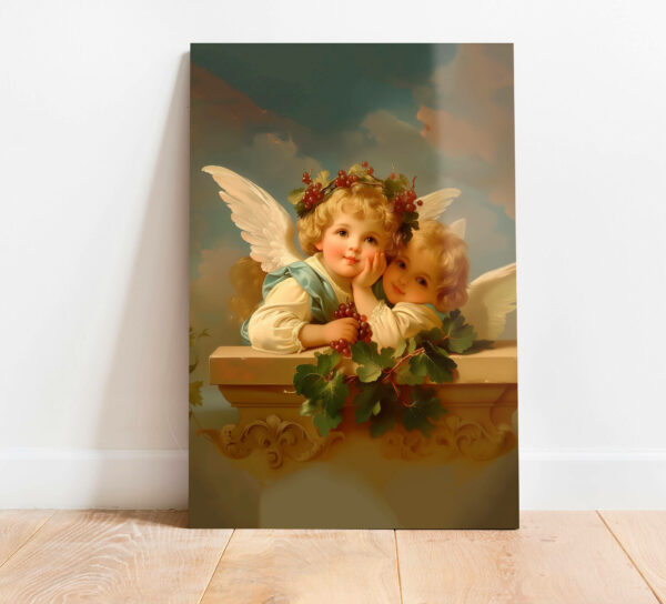 szklany obraz aniolki w chmurach z winogronami