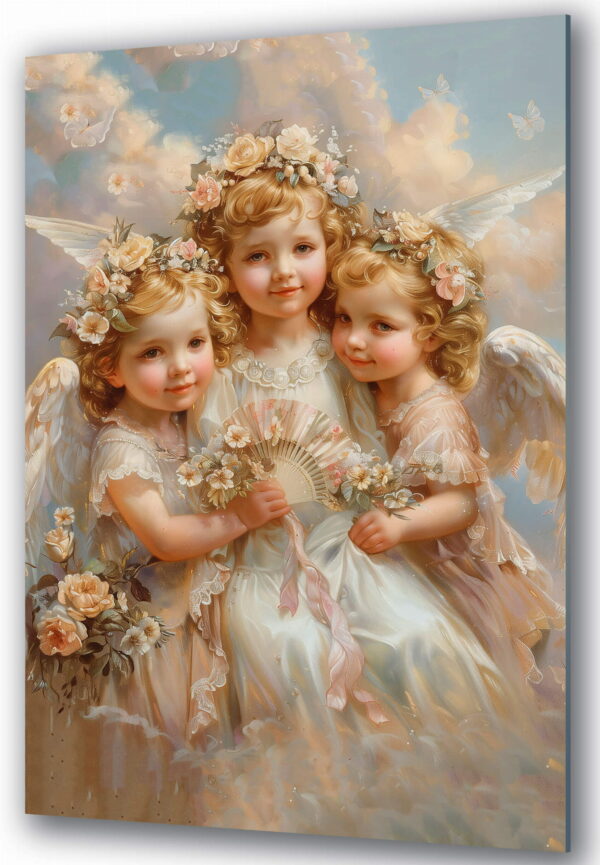 szklany obraz aniolki w chmurach z kwiatami