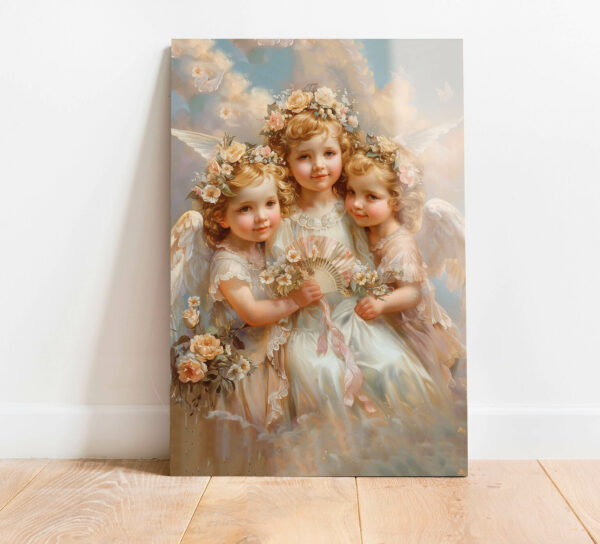 obraz szklany aniolki w chmurach z kwiatami