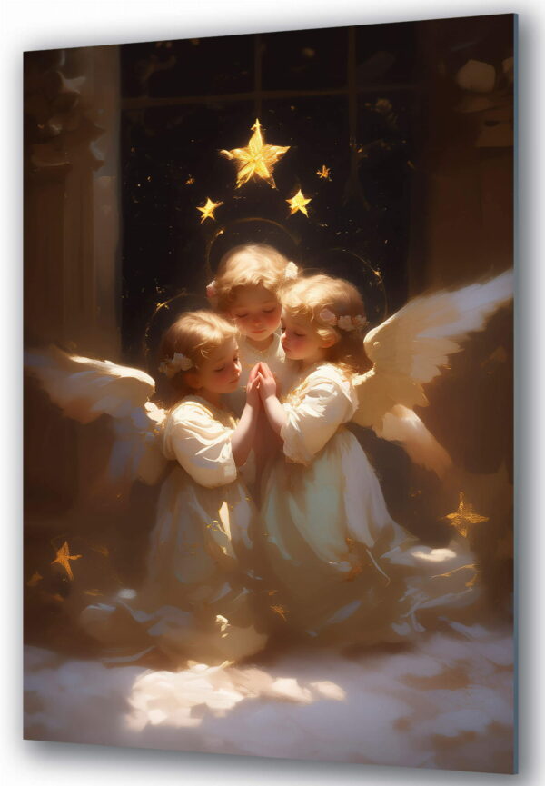 szklany obraz aniolki w modlitwie wsrod gwiazd