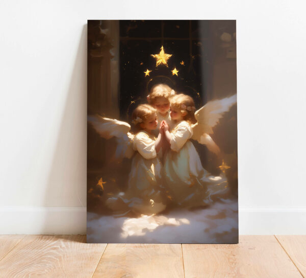 obraz szklany aniolki w modlitwie wsrod gwiazd