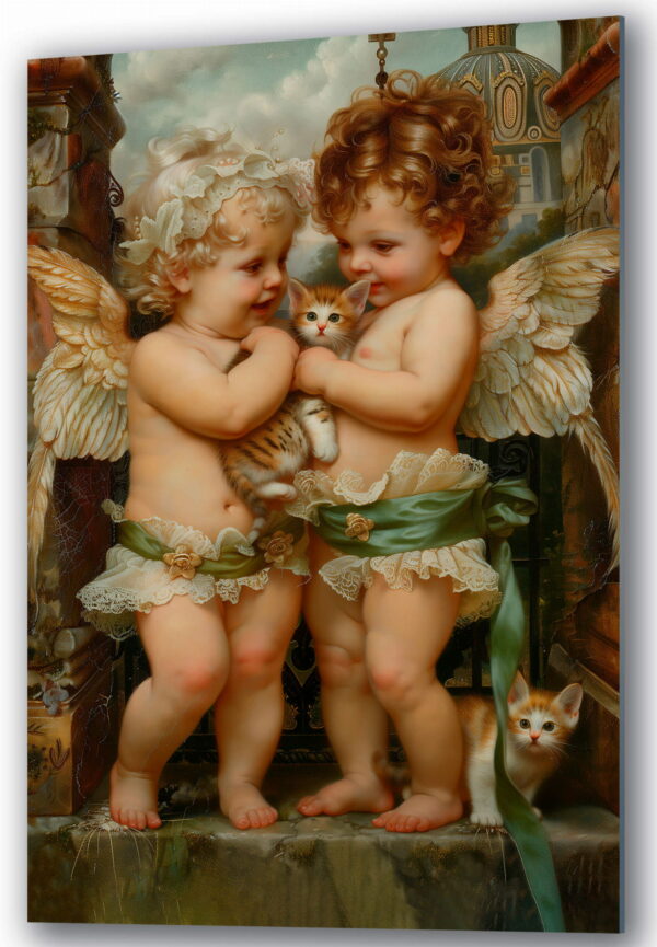 aniolki z kotkami szklany obraz