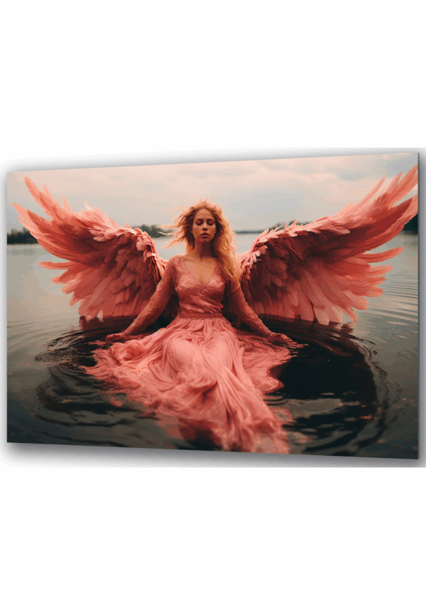 różowy anioł nad wodą szklany obraz