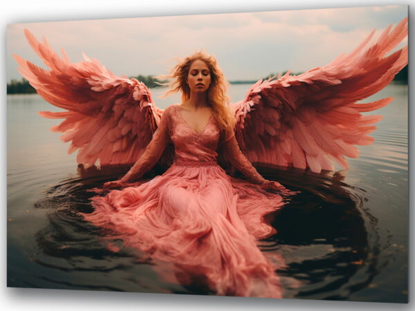 szklany obraz różowy anioł nad wodą